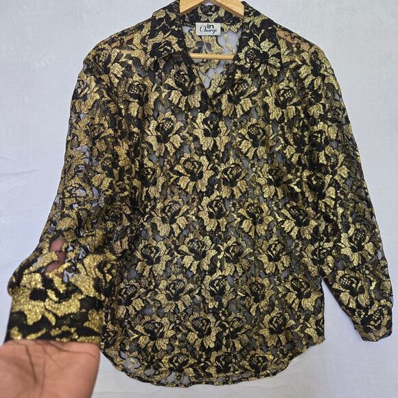 In Charge Womens Vtg 90s Y2K Whimsigoth Sparkle Metallic Sheer Lace Button Top M - Picture 3 of 10